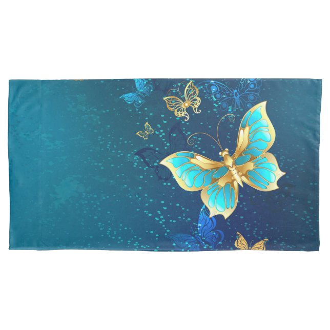 Goldene Schmetterlinge auf blauem Hintergrund Kissenbezug (Vorderseite-Links)
