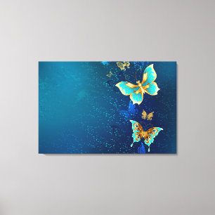 Goldene Schmetterlinge auf blauem Hintergrund Leinwanddruck