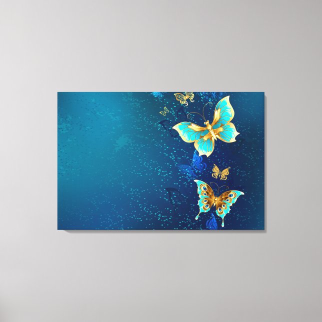 Goldene Schmetterlinge auf blauem Hintergrund Leinwanddruck (Vorderseite)
