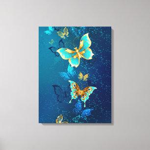 Goldene Schmetterlinge auf blauem Hintergrund Leinwanddruck