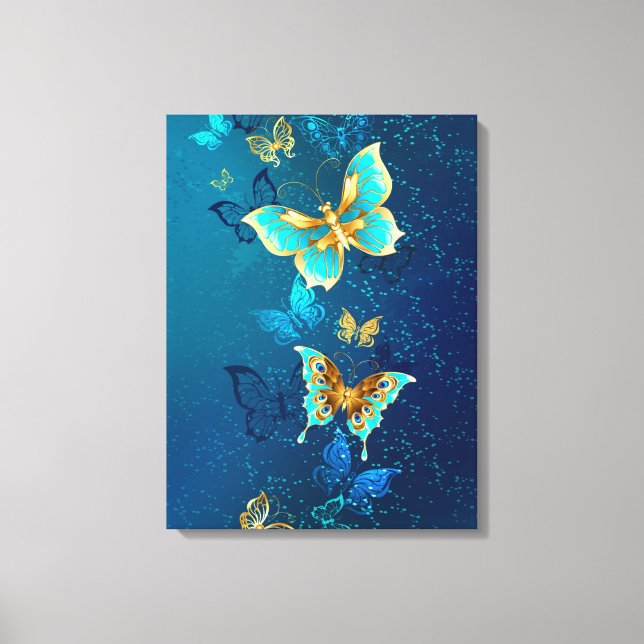 Goldene Schmetterlinge auf blauem Hintergrund Leinwanddruck (Vorderseite)