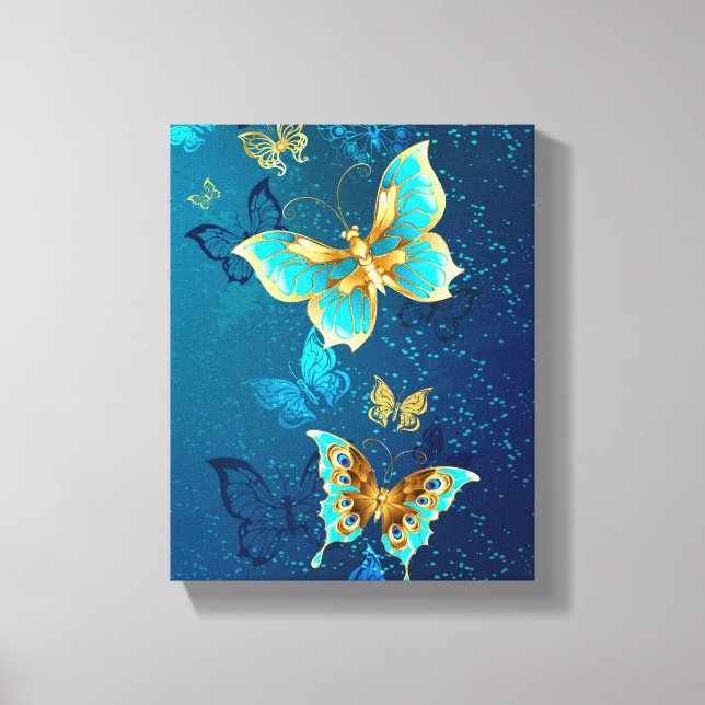 Goldene Schmetterlinge auf blauem Hintergrund Leinwanddruck (Vorderseite)