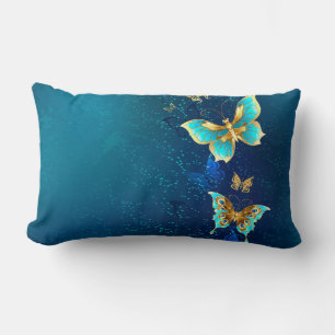 Goldene Schmetterlinge auf blauem Hintergrund Lendenkissen