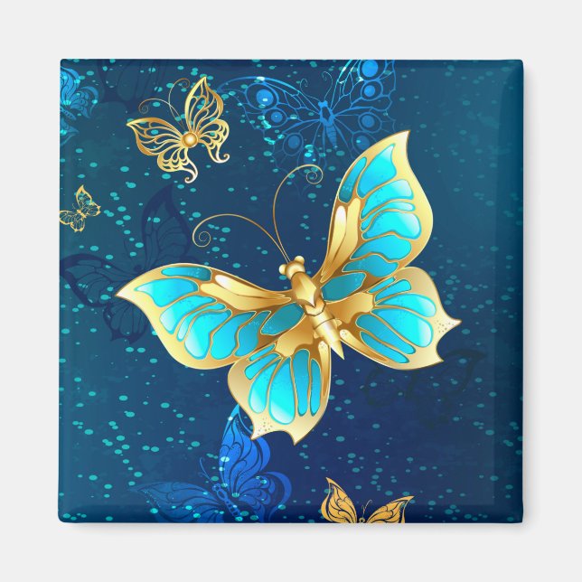 Goldene Schmetterlinge auf blauem Hintergrund Magnet (Vorne)