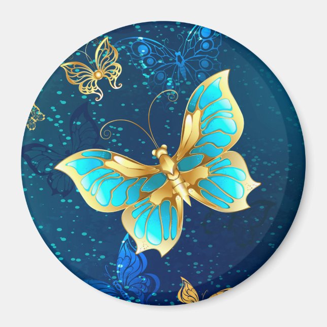 Goldene Schmetterlinge auf blauem Hintergrund Magnet (Vorne)