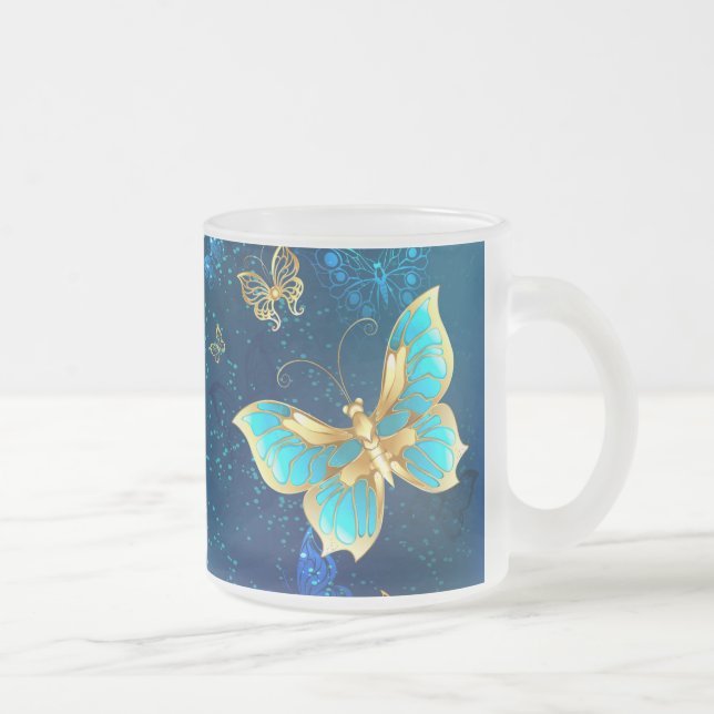 Goldene Schmetterlinge auf blauem Hintergrund Mattglastasse (Rechts)