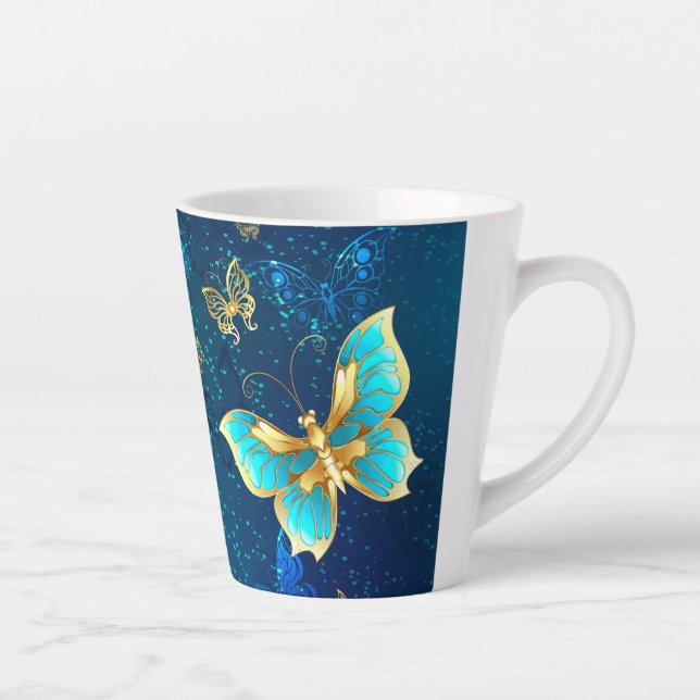 Goldene Schmetterlinge auf blauem Hintergrund Milchtasse (Rechts)
