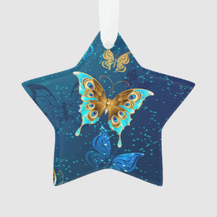 Goldene Schmetterlinge auf blauem Hintergrund Ornament