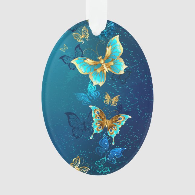 Goldene Schmetterlinge auf blauem Hintergrund Ornament (Vorderseite)