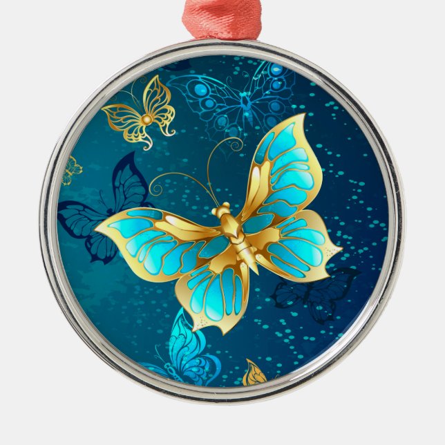 Goldene Schmetterlinge auf blauem Hintergrund Ornament Aus Metall (Vorne)