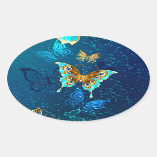Goldene Schmetterlinge auf blauem Hintergrund Ovaler Aufkleber