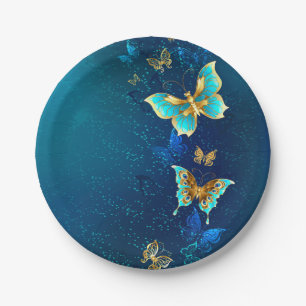 Goldene Schmetterlinge auf blauem Hintergrund Pappteller