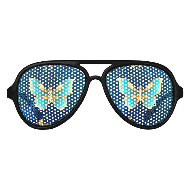 Goldene Schmetterlinge auf blauem Hintergrund Partybrille (Vorderseite)