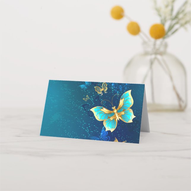 Goldene Schmetterlinge auf blauem Hintergrund Platzkarte (Vorderseite)