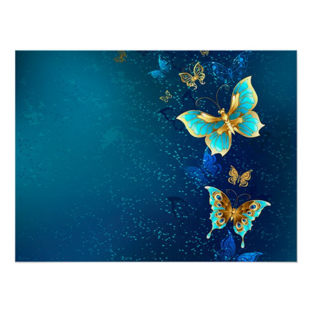 Goldene Schmetterlinge auf blauem Hintergrund Poster (Vorderseite)