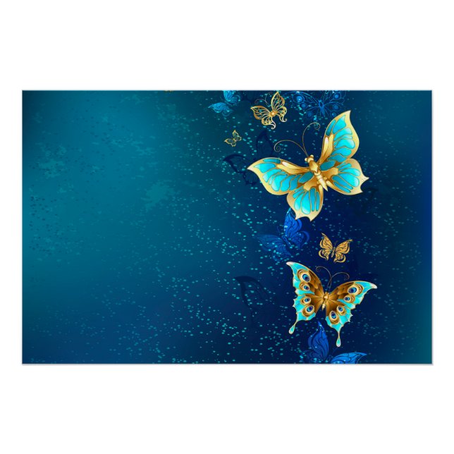 Goldene Schmetterlinge auf blauem Hintergrund Poster (Vorderseite)