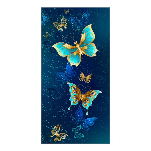 Goldene Schmetterlinge auf blauem Hintergrund Poster (Vorderseite)