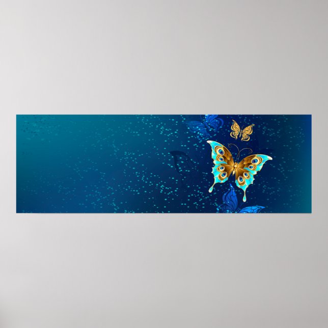 Goldene Schmetterlinge auf blauem Hintergrund Poster (Vorne)