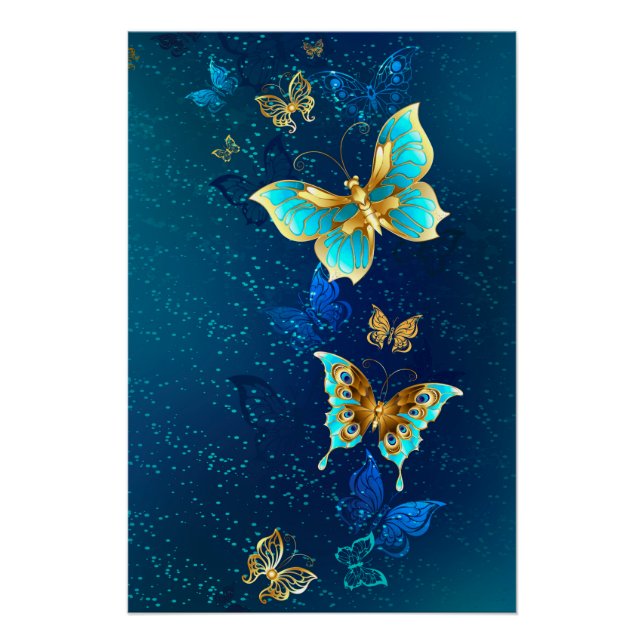 Goldene Schmetterlinge auf blauem Hintergrund Poster (Vorderseite)