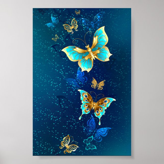 Goldene Schmetterlinge auf blauem Hintergrund Poster (Vorne)