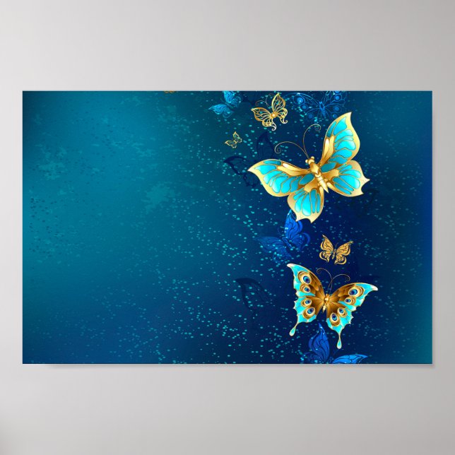 Goldene Schmetterlinge auf blauem Hintergrund Poster (Vorne)