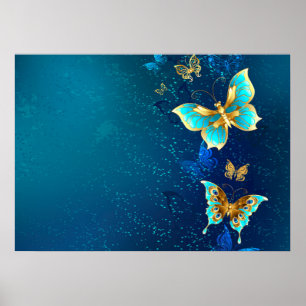 Goldene Schmetterlinge auf blauem Hintergrund Poster