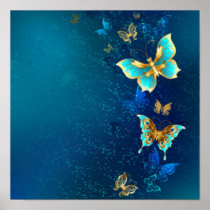 Goldene Schmetterlinge auf blauem Hintergrund Poster