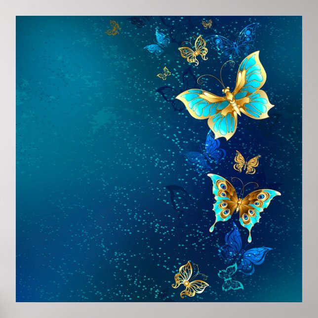 Goldene Schmetterlinge auf blauem Hintergrund Poster (Vorne)