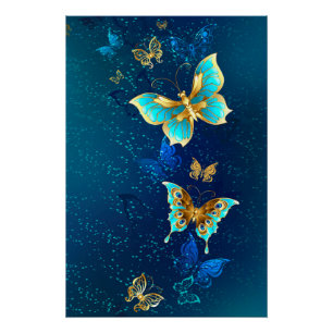 Goldene Schmetterlinge auf blauem Hintergrund Poster