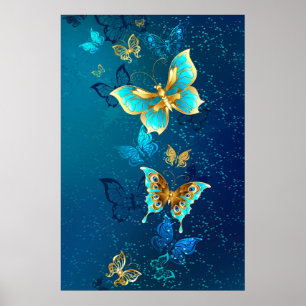 Goldene Schmetterlinge auf blauem Hintergrund Poster