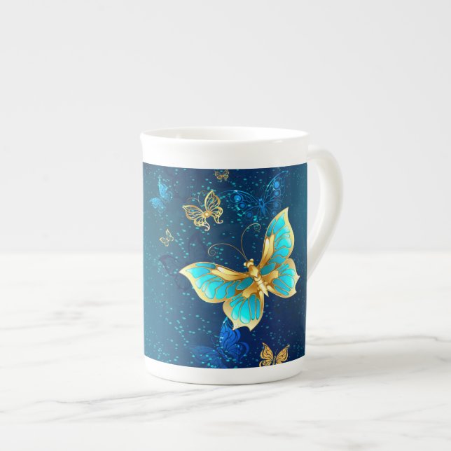 Goldene Schmetterlinge auf blauem Hintergrund Prozellantasse (Vorderseite Rechts)