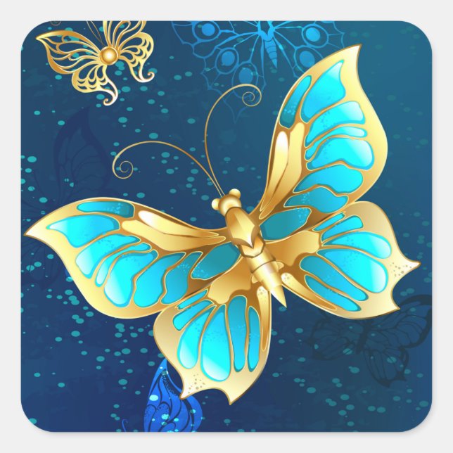 Goldene Schmetterlinge auf blauem Hintergrund Quadratischer Aufkleber (Vorderseite)