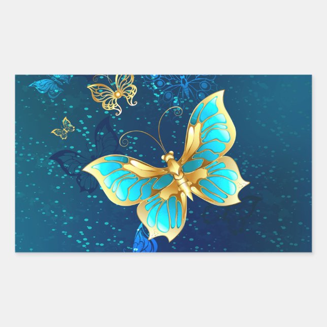Goldene Schmetterlinge auf blauem Hintergrund Rechteckiger Aufkleber (Vorderseite)