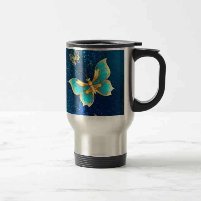 Goldene Schmetterlinge auf blauem Hintergrund Reisebecher (Rechts)
