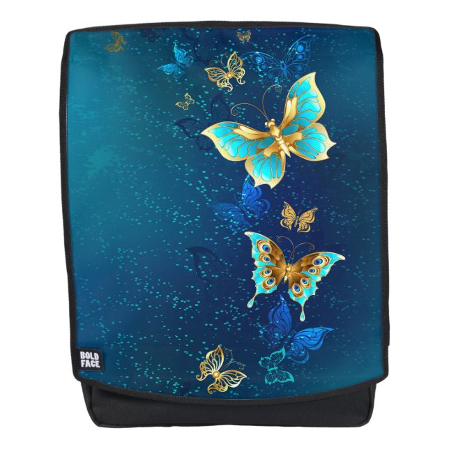 Goldene Schmetterlinge auf blauem Hintergrund Rucksack (Vorderseite)