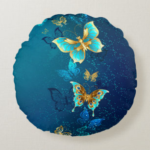 Goldene Schmetterlinge auf blauem Hintergrund Rundes Kissen