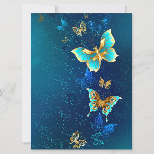 Goldene Schmetterlinge auf blauem Hintergrund Save The Date (Vorderseite)