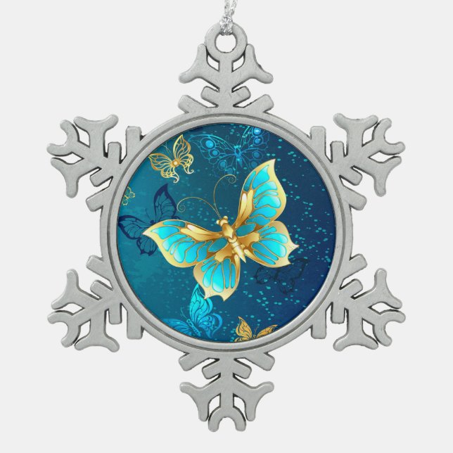 Goldene Schmetterlinge auf blauem Hintergrund Schneeflocken Zinn-Ornament (Vorderseite)