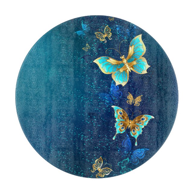 Goldene Schmetterlinge auf blauem Hintergrund Schneidebrett (Vorderseite)