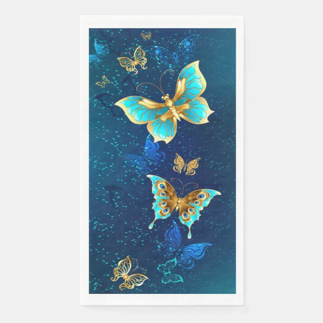 Goldene Schmetterlinge auf blauem Hintergrund Serviette (Vorderseite)