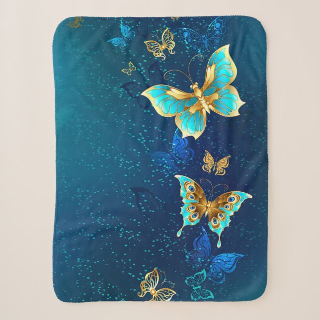 Goldene Schmetterlinge auf blauem Hintergrund Sherpadecke (Vorderseite)
