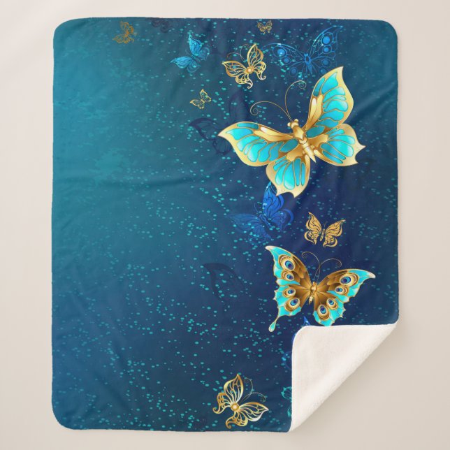 Goldene Schmetterlinge auf blauem Hintergrund Sherpadecke (Vorderseite)