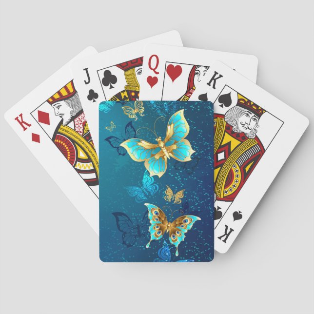 Goldene Schmetterlinge auf blauem Hintergrund Spielkarten (Rückseite)