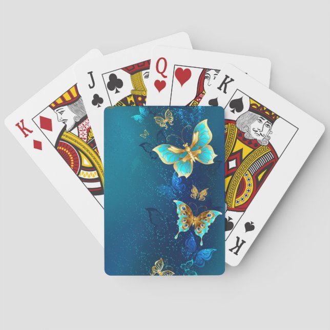 Goldene Schmetterlinge auf blauem Hintergrund Spielkarten (Rückseite)