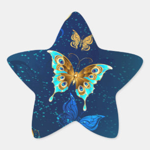 Goldene Schmetterlinge auf blauem Hintergrund Stern-Aufkleber