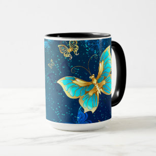 Goldene Schmetterlinge auf blauem Hintergrund Tasse