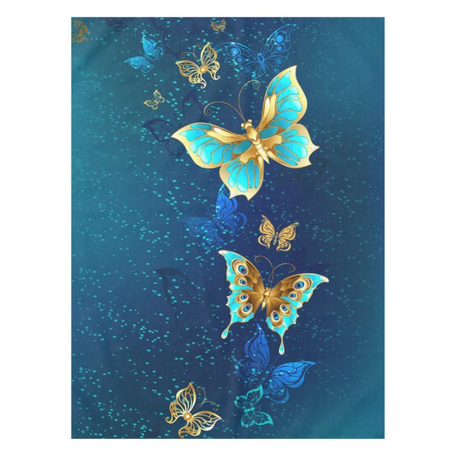 Goldene Schmetterlinge auf blauem Hintergrund Tischdecke (Vorderseite)