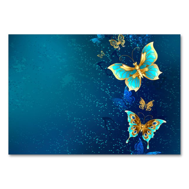 Goldene Schmetterlinge auf blauem Hintergrund Tischnummer (Vorderseite)