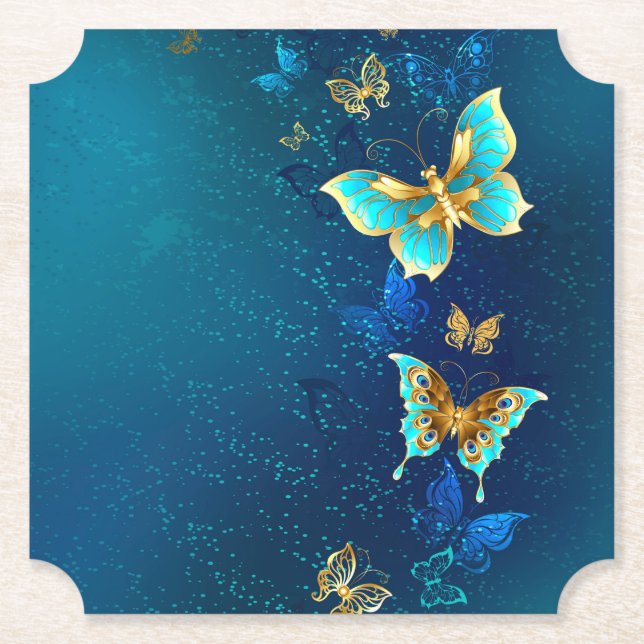 Goldene Schmetterlinge auf blauem Hintergrund Untersetzer (Vorderseite)