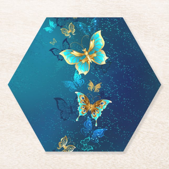 Goldene Schmetterlinge auf blauem Hintergrund Untersetzer (Vorderseite)